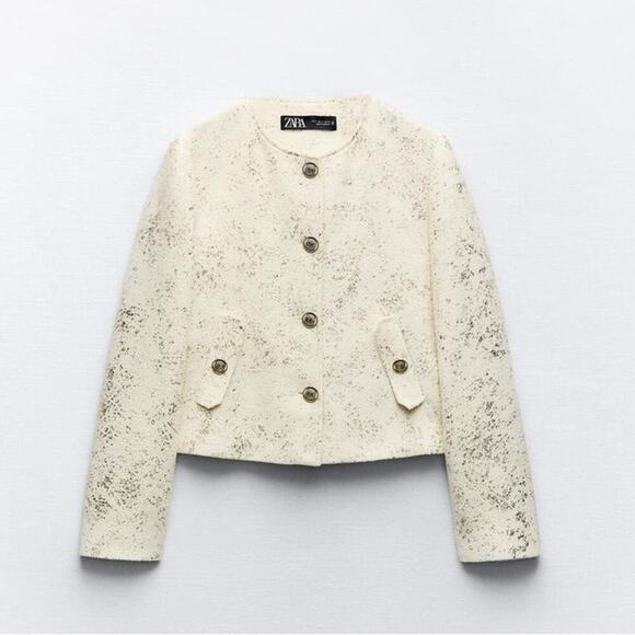 ZARA CROPPED FOIL GOLDEN BLAZER Size Extra Large XL - Picture 5 of 11